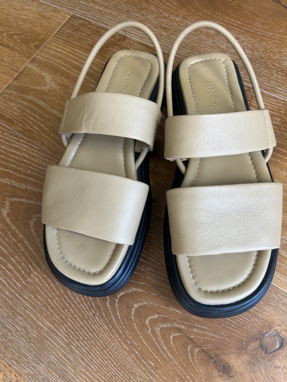 Vince Pirya Double-Strap Slide Sandals with Black Trim in Dune (light tan)